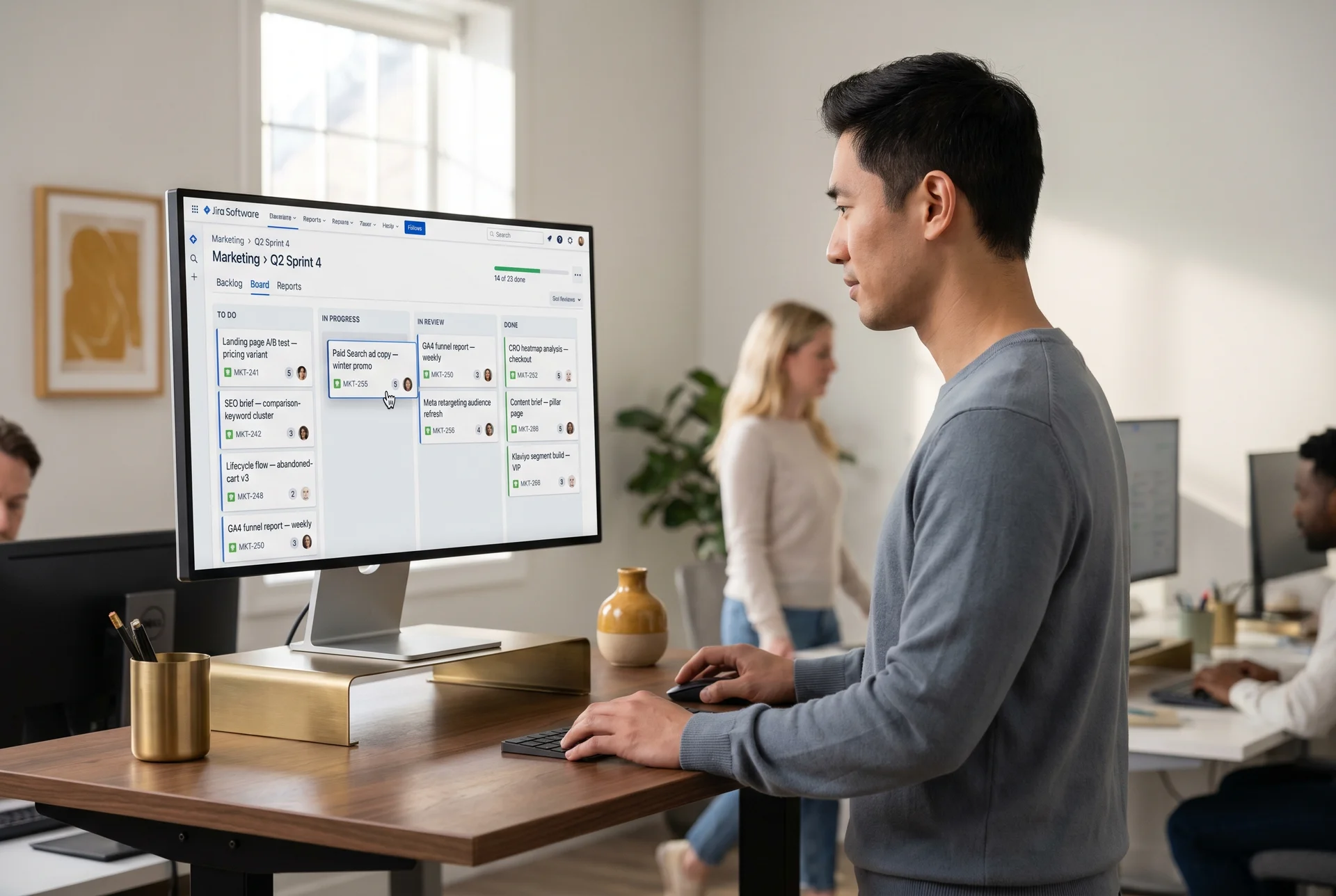 A marketing sprint board showing landing page builds, A/B tests, SEO briefs, and lifecycle flows in progress across columns A marketing sprint board showing landing page builds, A/B tests, SEO briefs, and lifecycle flows in progress across columns