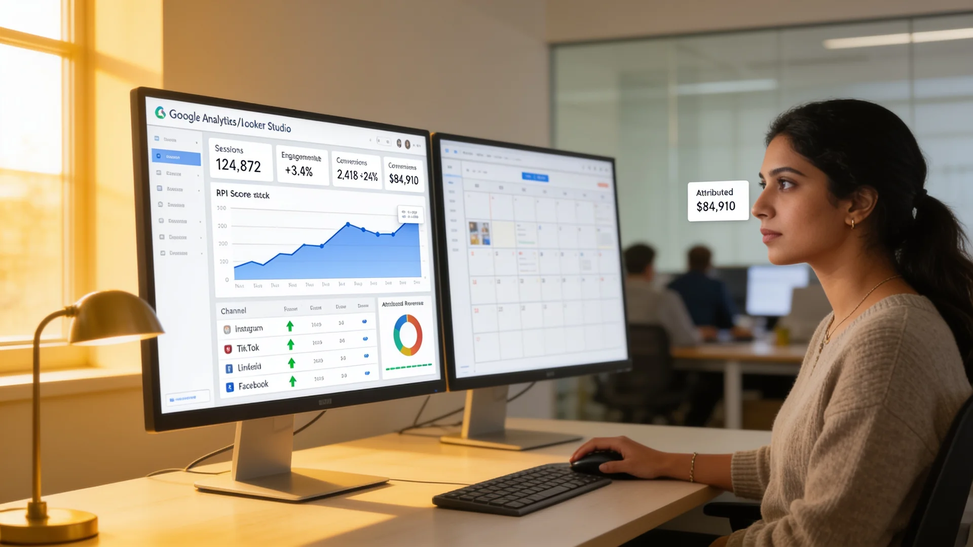 Marketing analyst reviewing social media performance report on dual monitors in a natural light office Marketing analyst reviewing social media performance report on dual monitors in a natural light office