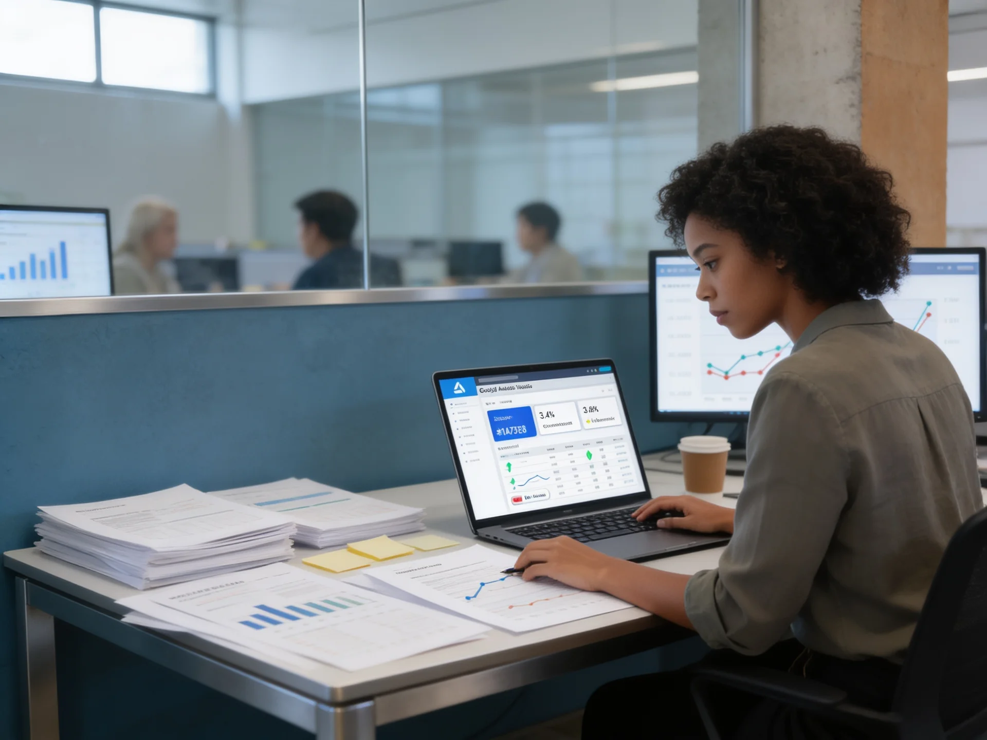 Marketing team lead studying fragmented social media metrics reports on a desk Marketing team lead studying fragmented social media metrics reports on a desk