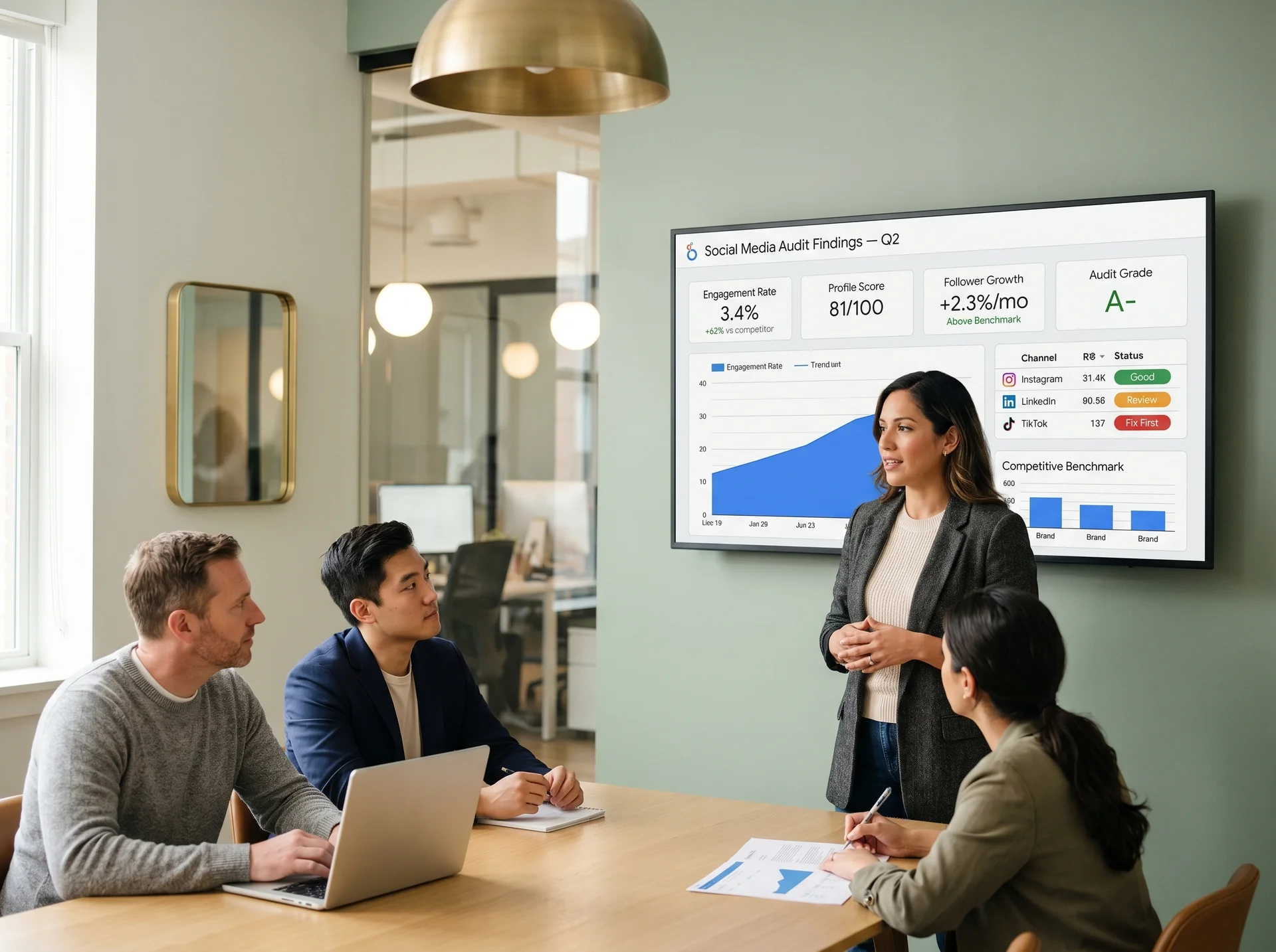 Marketing director presenting social media audit findings on a screen to a small team in a natural light meeting room Marketing director presenting social media audit findings on a screen to a small team in a natural light meeting room