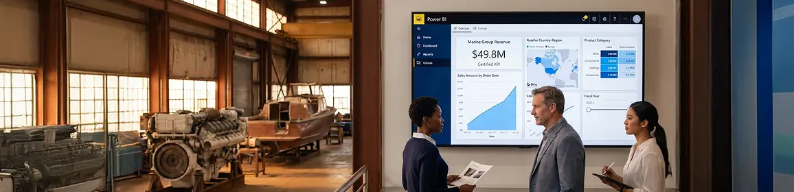 Marine manufacturing plant floor with finance team reviewing a wall-mounted Power BI executive dashboard Marine manufacturing plant floor with finance team reviewing a wall-mounted Power BI executive dashboard