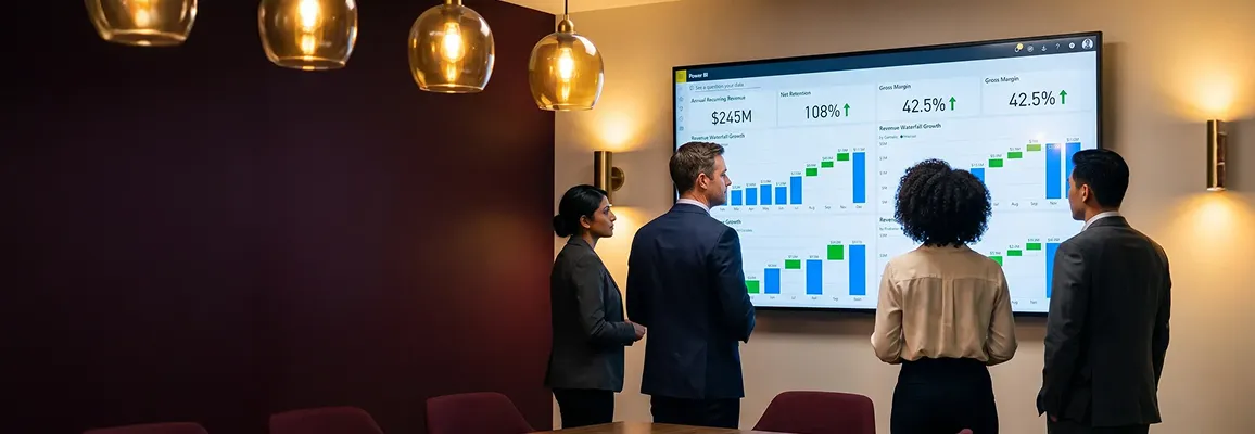 Finance leadership reviewing Power BI executive dashboard Finance leadership reviewing Power BI executive dashboard