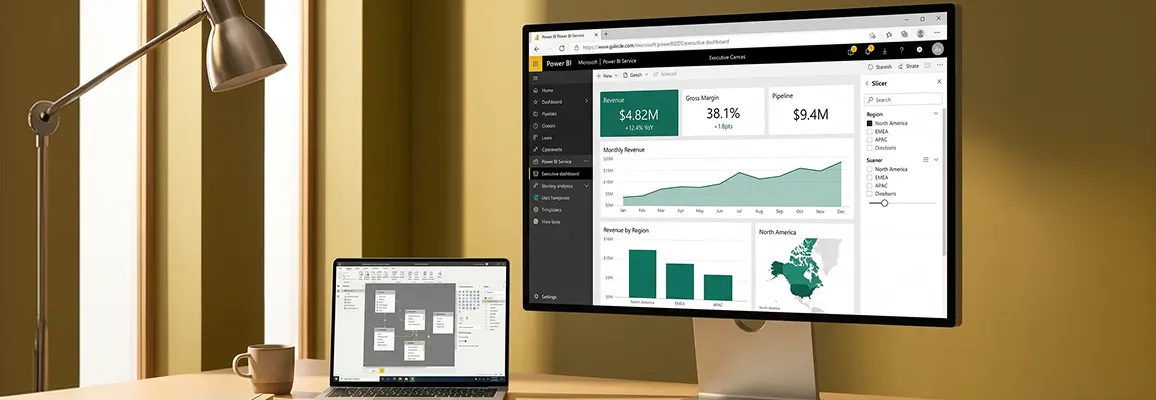 Featured Power BI executive dashboard built by Redefine showing revenue, pipeline, and margin visuals Featured Power BI executive dashboard built by Redefine showing revenue, pipeline, and margin visuals