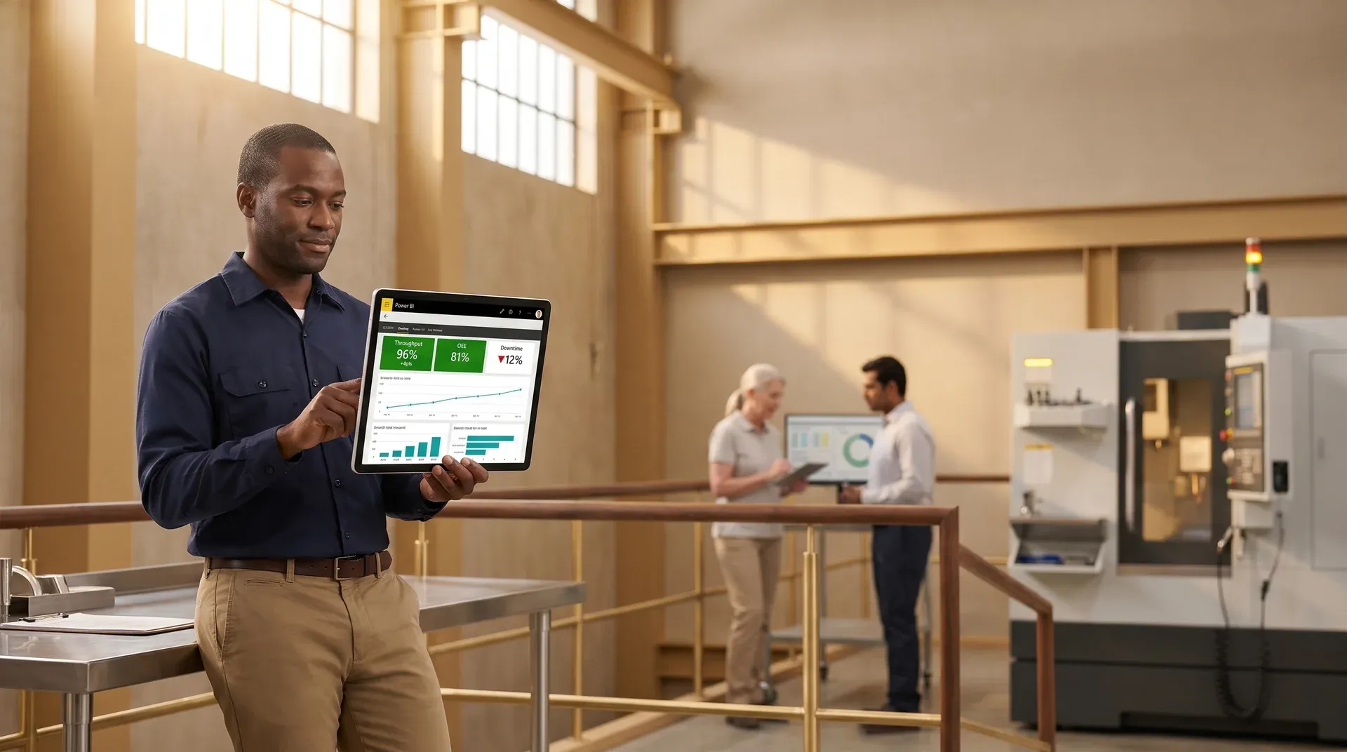 Plant manager reviewing live Power BI dashboard on tablet Plant manager reviewing live Power BI dashboard on tablet