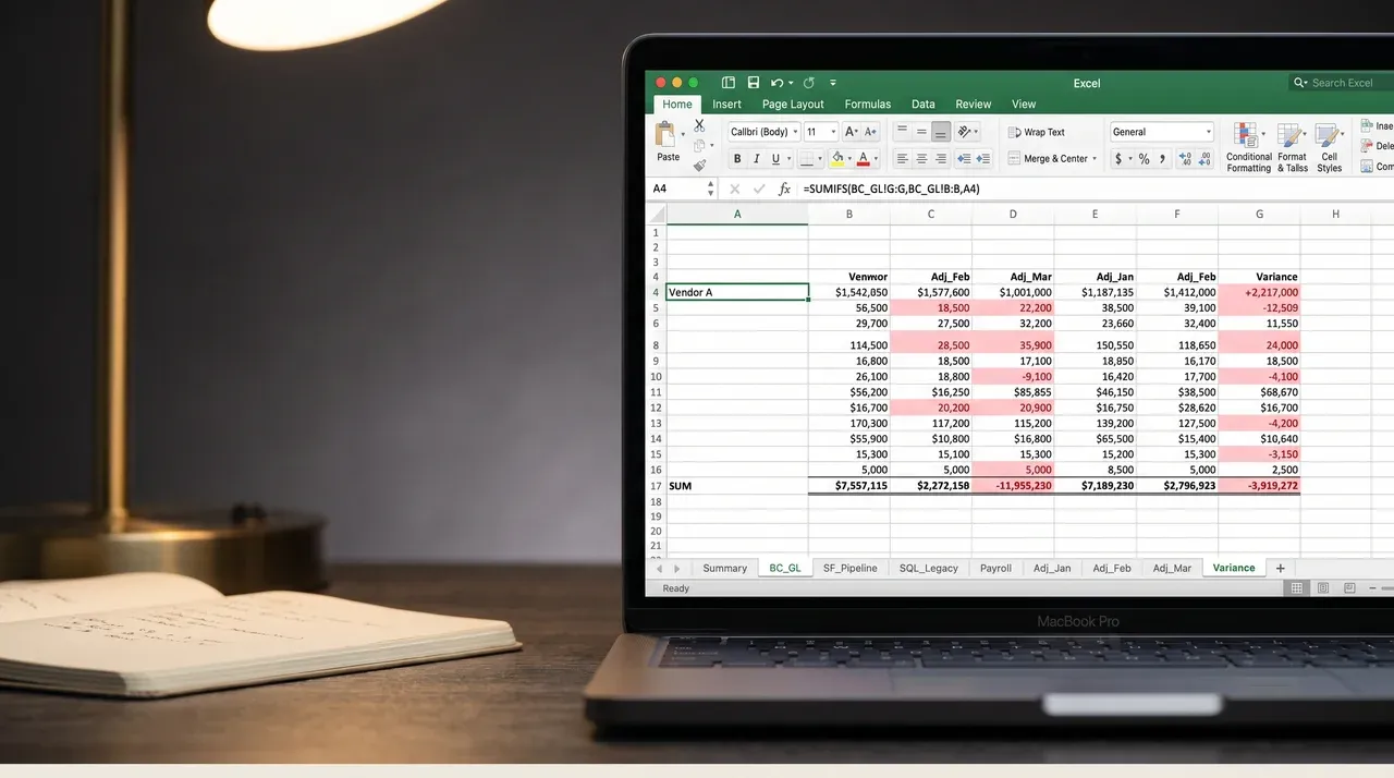 Legacy Excel reconciliation workbook with nine tabs and manual formulas Legacy Excel reconciliation workbook with nine tabs and manual formulas