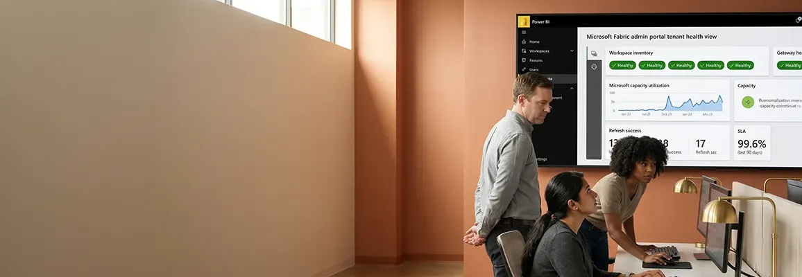 Power BI managed services control room showing live dashboards, refresh monitors and the Redefine team