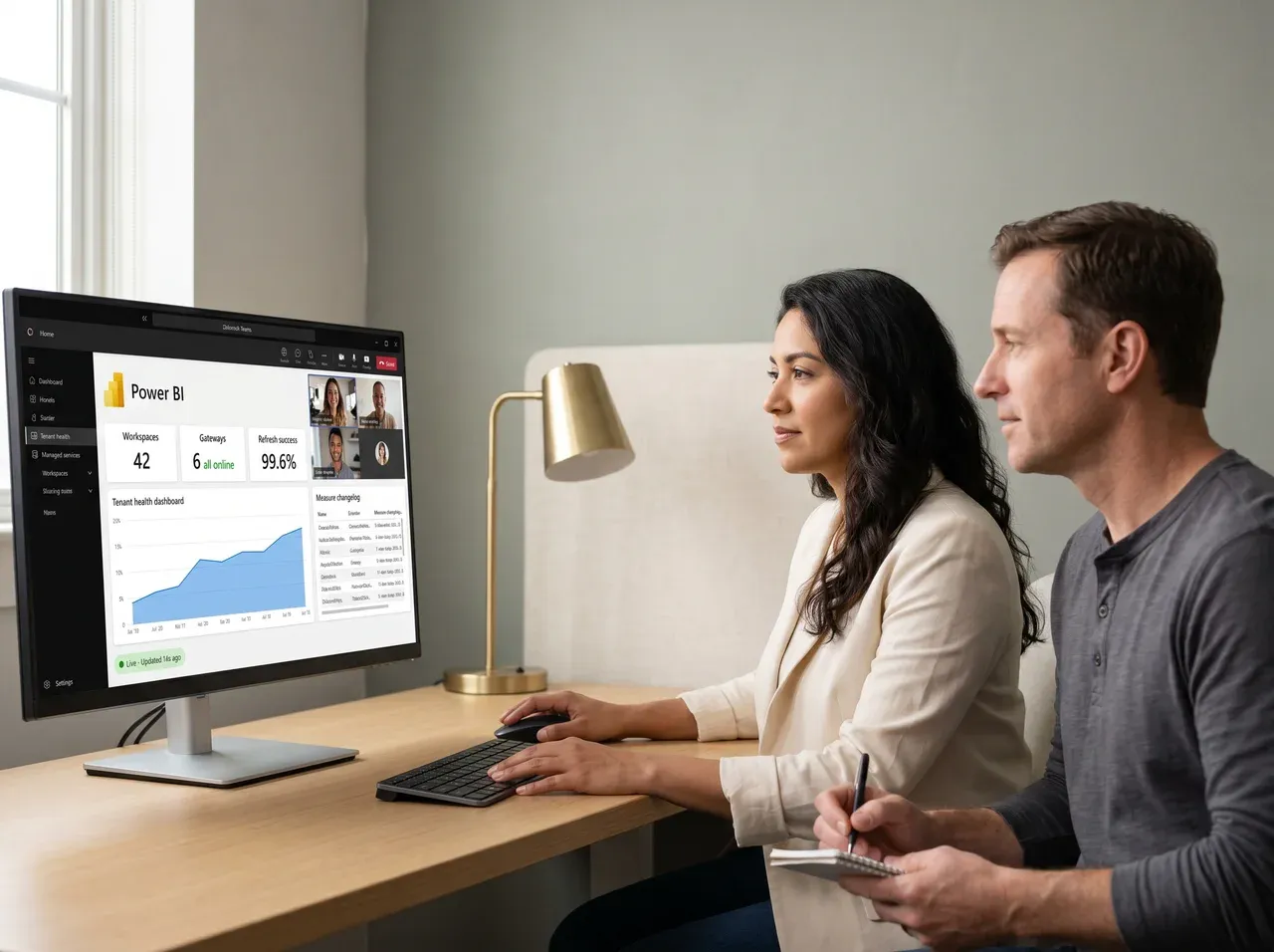 Redefine team on weekly Power BI governance call via Microsoft Teams with tenant health dashboard visible