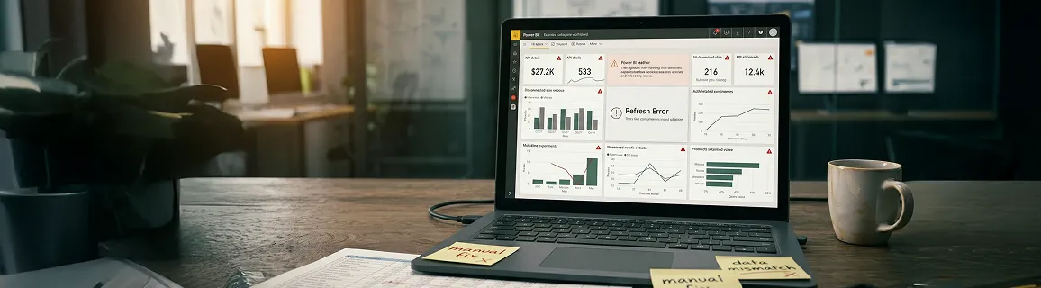 Split screen comparing broken Excel exports with circular reference errors versus a clean Power BI executive dashboard with green SLA badges