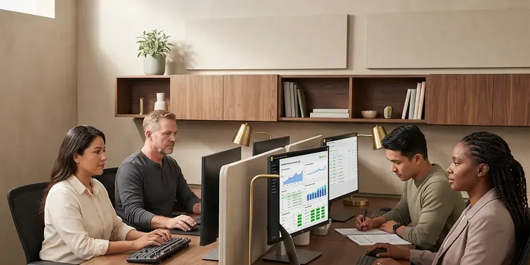 Redefine managed services pod at work with four engineers reviewing Power BI admin portal and governance dashboards