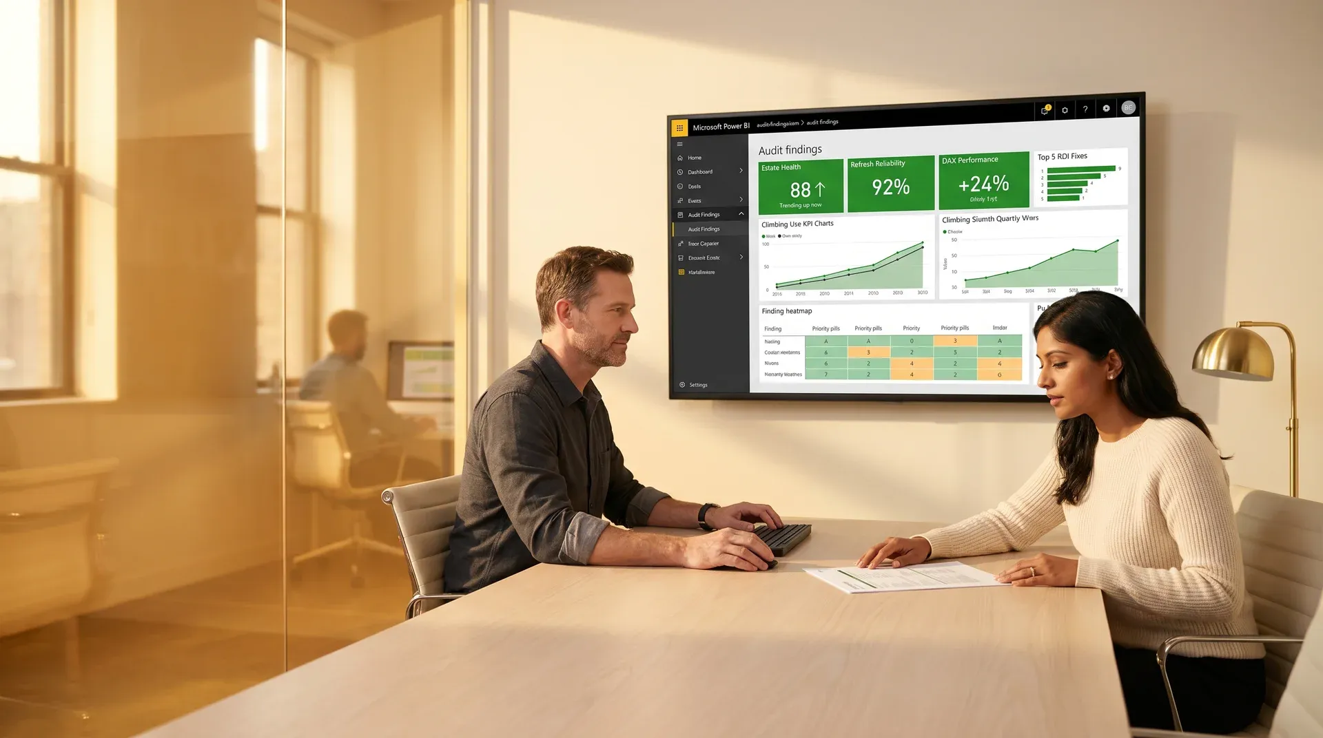 Finance and BI leads reviewing a Power BI audit findings dashboard on a large screen Finance and BI leads reviewing a Power BI audit findings dashboard on a large screen