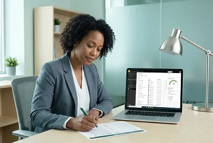 Chief financial officer reviewing a printed Power BI workspace inventory annotated with a red pen Chief financial officer reviewing a printed Power BI workspace inventory annotated with a red pen