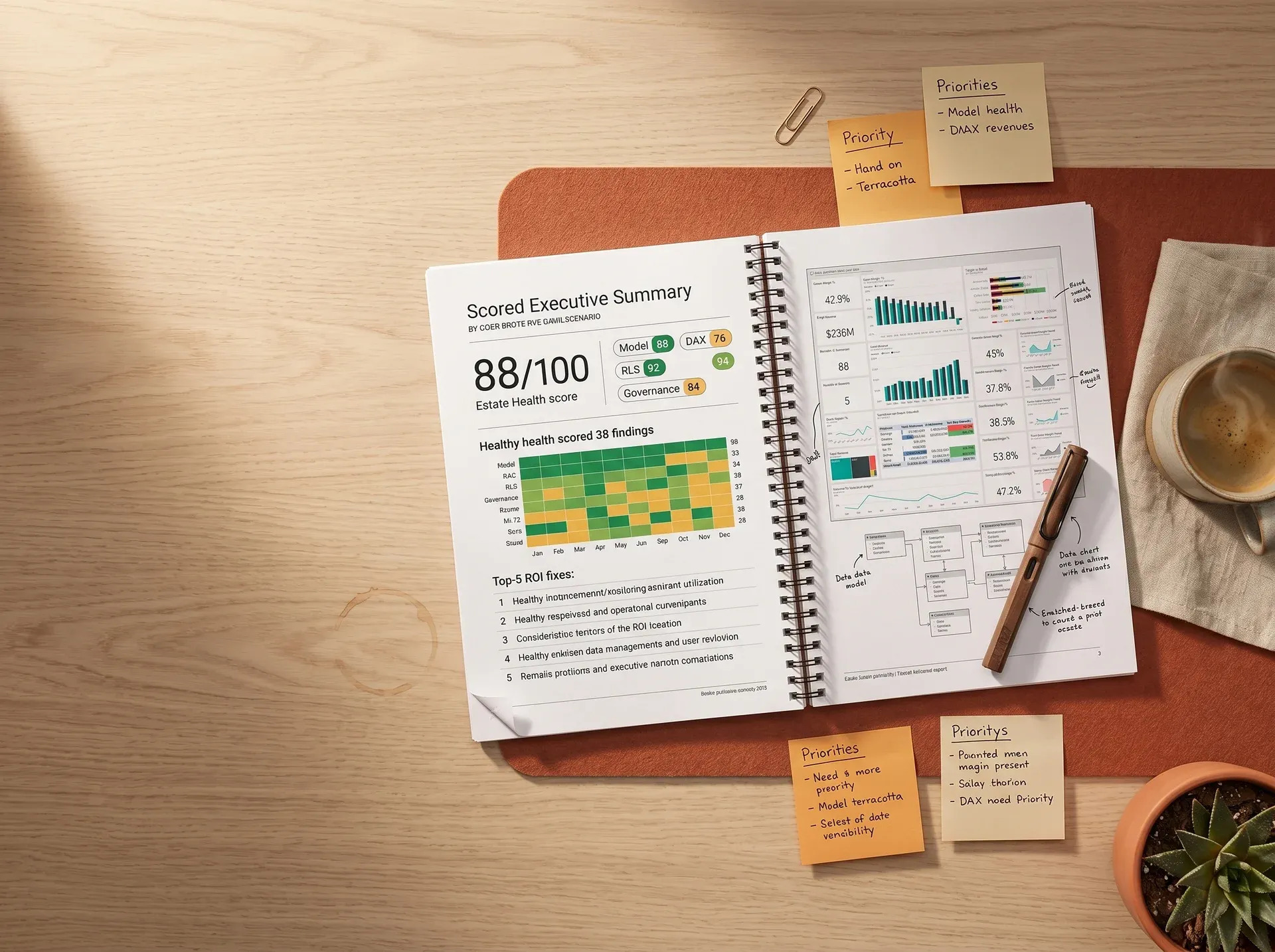 Printed Power BI audit report open on a desk with sticky notes and a coffee cup Printed Power BI audit report open on a desk with sticky notes and a coffee cup