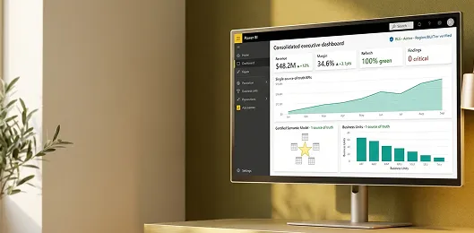 Consolidated Power BI state after audit, semantic model dashboard with row-level security badge and single source of truth Consolidated Power BI state after audit, semantic model dashboard with row-level security badge and single source of truth