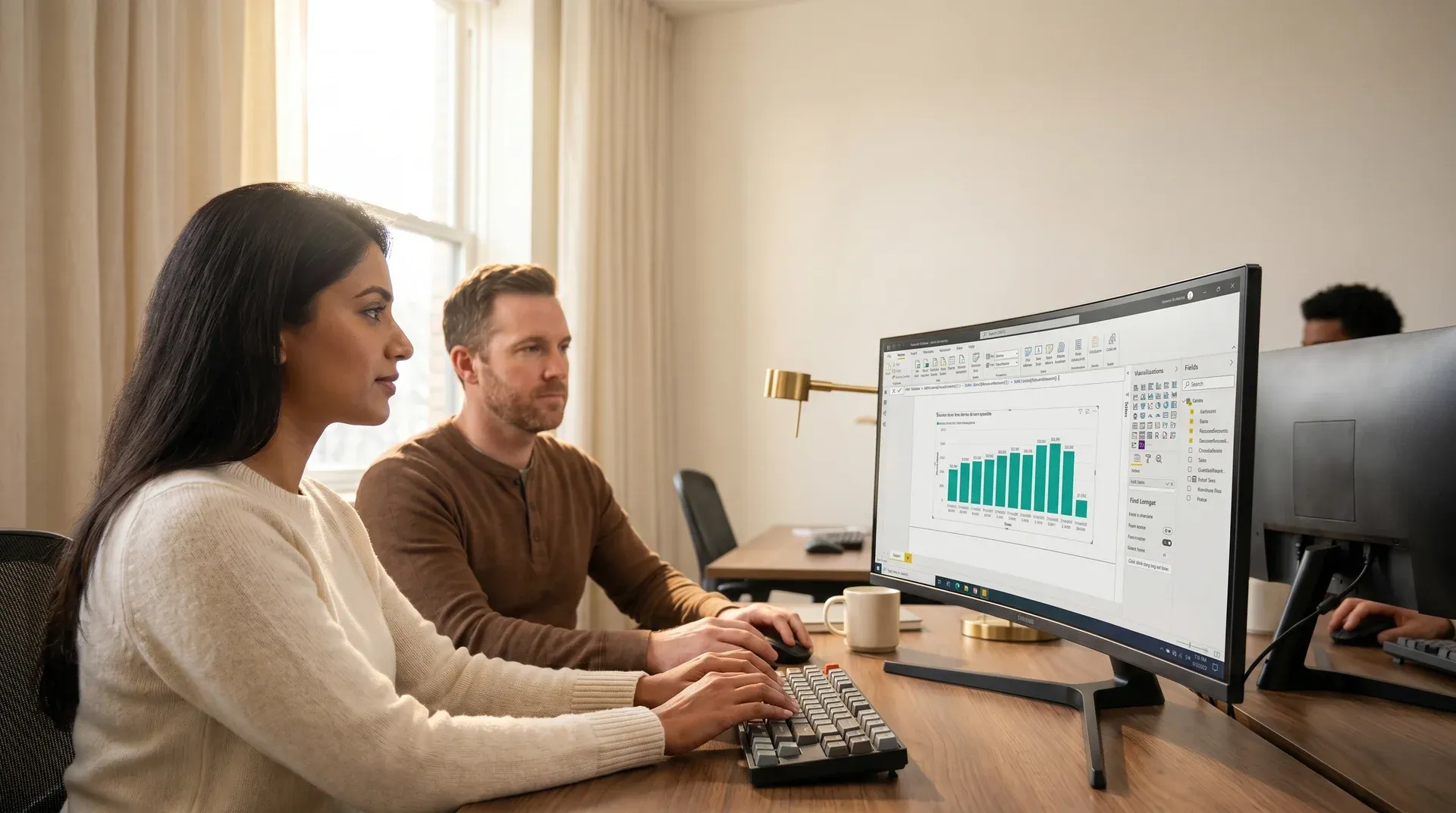 Power BI development team reviewing a semantic model on dual monitors Power BI development team reviewing a semantic model on dual monitors