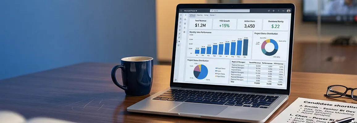 Redefine Power BI engineers collaborating on a published dashboard at a shared workstation Redefine Power BI engineers collaborating on a published dashboard at a shared workstation