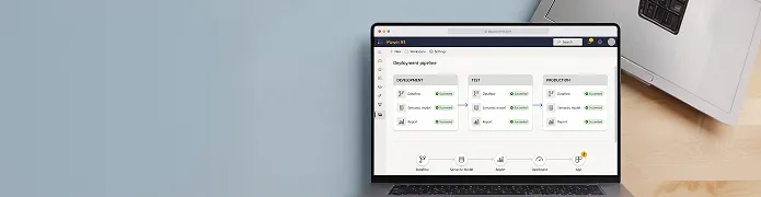 Power BI deployment pipeline showing development, test, and production workspaces with certified dataset lineage Power BI deployment pipeline showing development, test, and production workspaces with certified dataset lineage