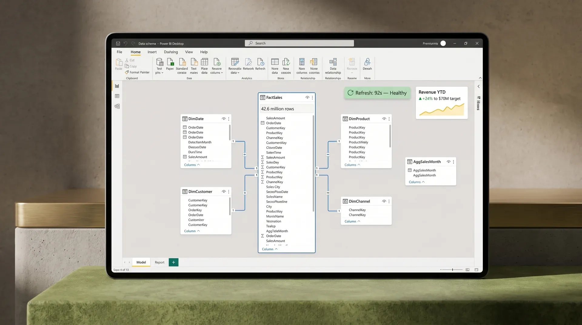 Unified Half Price Drapes semantic model star schema in Power BI Desktop showing healthy refresh and growing revenue Unified Half Price Drapes semantic model star schema in Power BI Desktop showing healthy refresh and growing revenue