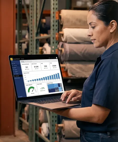 Distribution company Power BI executive dashboard with orange and blue KPI tiles, soft ochre and walnut palette Distribution company Power BI executive dashboard with orange and blue KPI tiles, soft ochre and walnut palette