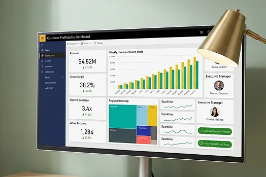 Clean Power BI executive dashboard on a wide monitor showing revenue, margin, and pipeline, sage and light oak palette Clean Power BI executive dashboard on a wide monitor showing revenue, margin, and pipeline, sage and light oak palette