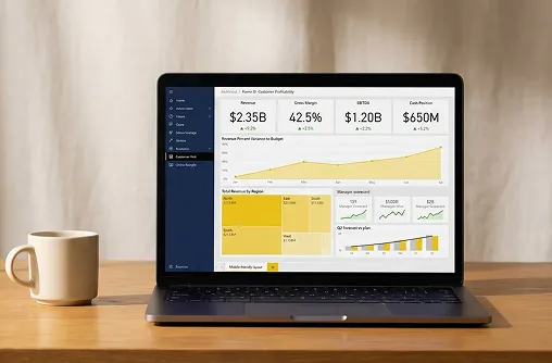 Executive Power BI dashboard sample showing revenue, margin, pipeline, and cash KPI cards, warm honey amber palette Executive Power BI dashboard sample showing revenue, margin, pipeline, and cash KPI cards, warm honey amber palette