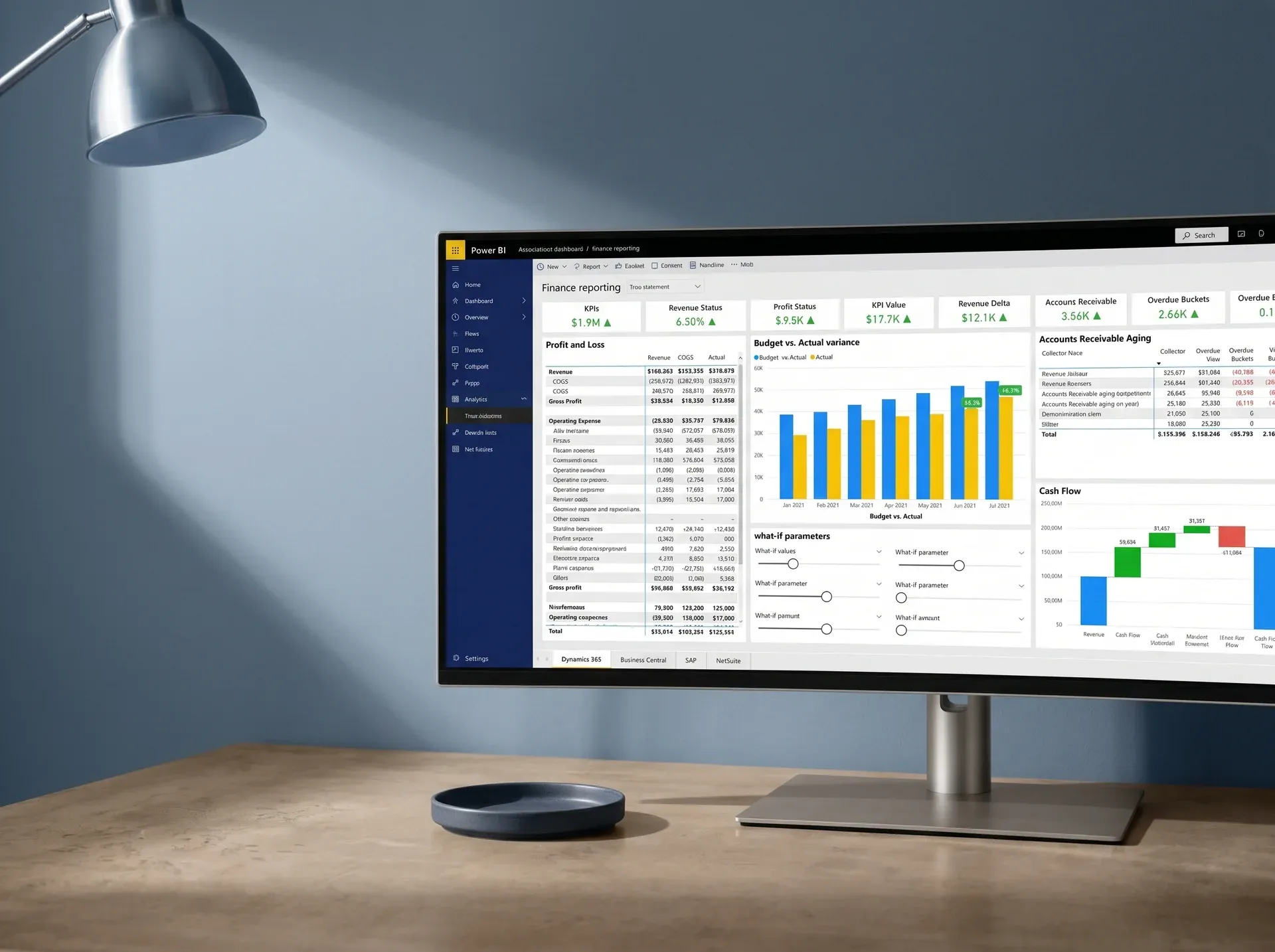 Finance Power BI dashboard with P&L, budget vs actual, and AR aging, cool slate blue and concrete palette Finance Power BI dashboard with P&L, budget vs actual, and AR aging, cool slate blue and concrete palette