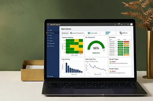 Drapery retailer warehouse with Latina inventory manager reviewing Power BI dashboard on a laptop, rust and concrete palette Drapery retailer warehouse with Latina inventory manager reviewing Power BI dashboard on a laptop, rust and concrete palette