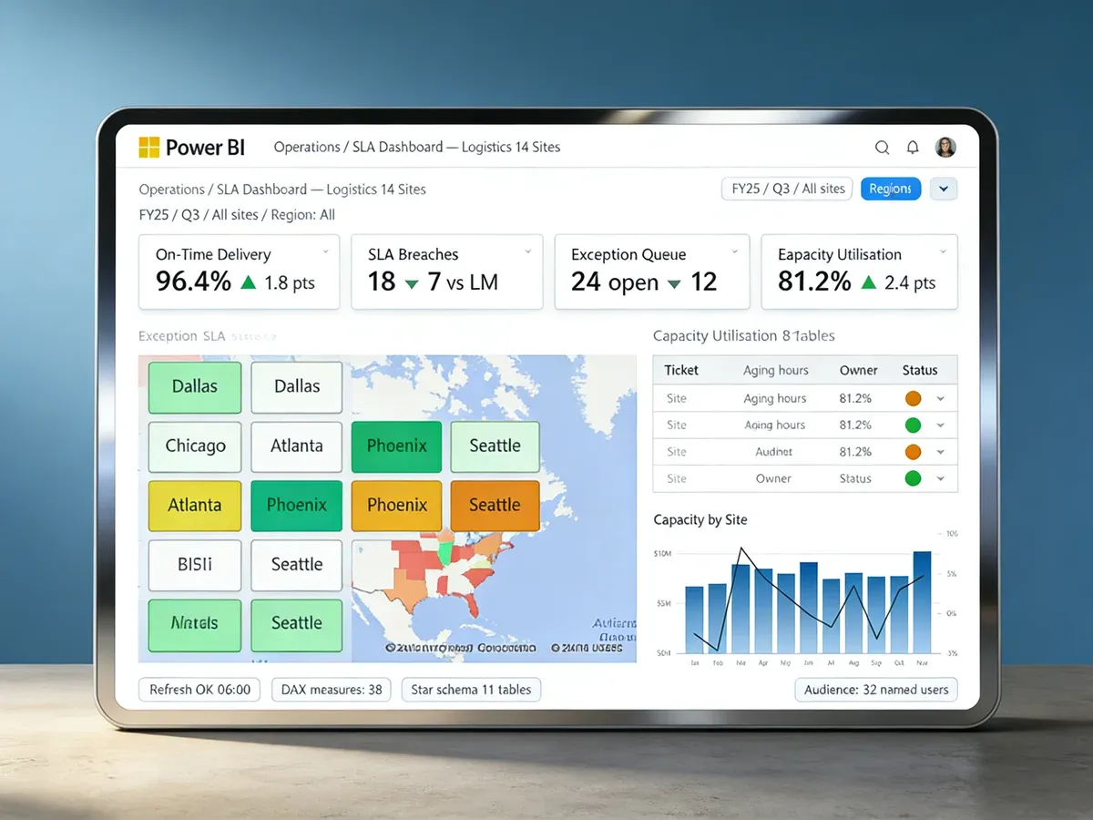 Sample Power BI operations service-level agreement dashboard with exception queue