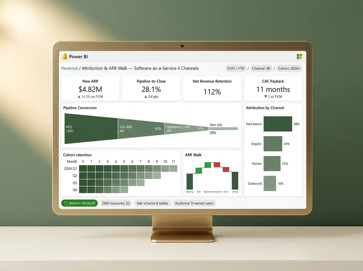 Sample Power BI revenue attribution report with pipeline conversion and cohort retention