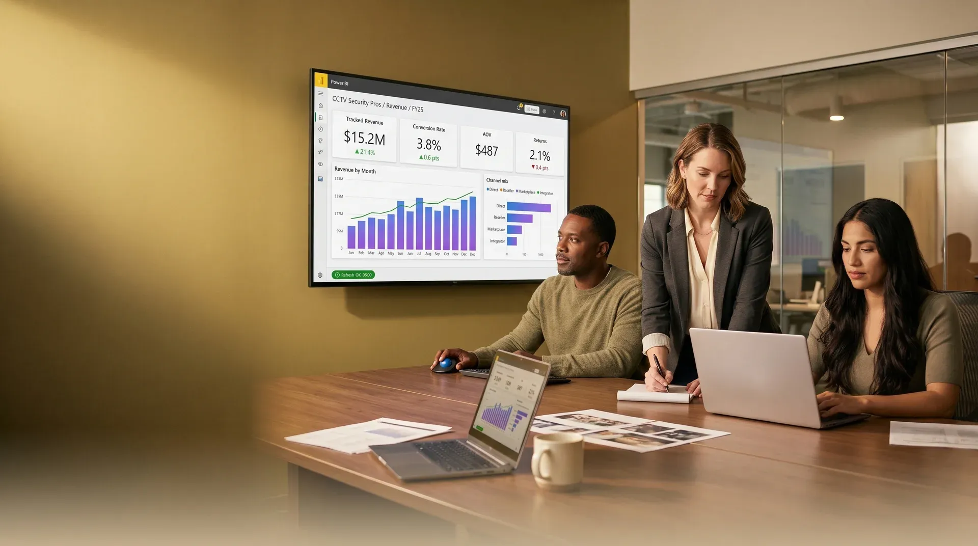 CCTV Security Pros operations team reviewing live Power BI revenue report on wall screen