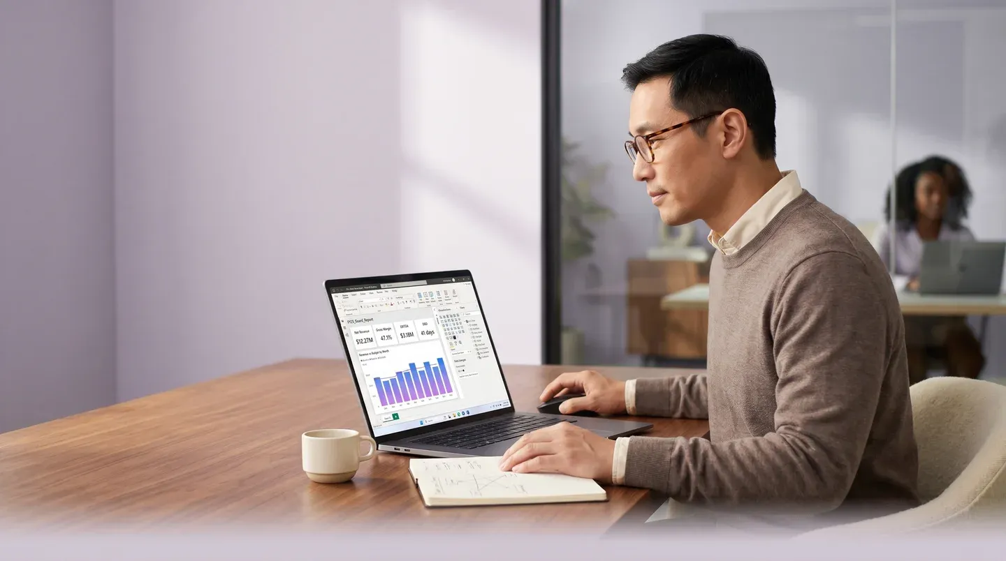 Redefine Power BI senior lead reviewing a model in PBIX at a desk