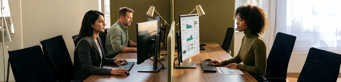 Finance analysts at separate desks reviewing Power BI reports with disagreeing revenue numbers