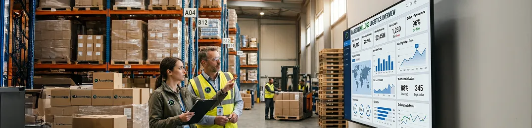 Parsons Kellogg warehouse team reviewing a Power BI inventory dashboard on a wall-mounted screen with pallet racks visible