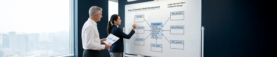 Redefine Power BI architects at a whiteboard drawing a star-schema model for a client