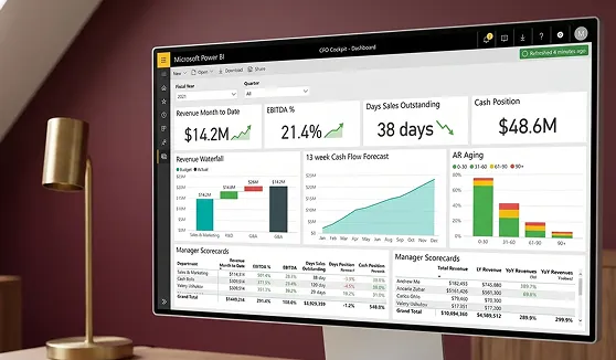 Power BI Finance executive dashboard showing profit and loss by department, 13-week cash flow, AR aging, and budget versus actual charts Power BI Finance executive dashboard showing profit and loss by department, 13-week cash flow, AR aging, and budget versus actual charts