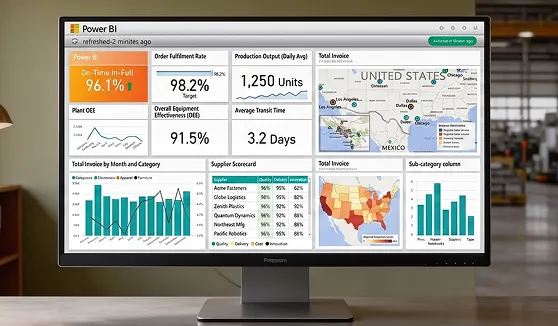 Power BI Operations command center showing On-Time In-Full, supplier scorecards, plant OEE, and inventory turns Power BI Operations command center showing On-Time In-Full, supplier scorecards, plant OEE, and inventory turns