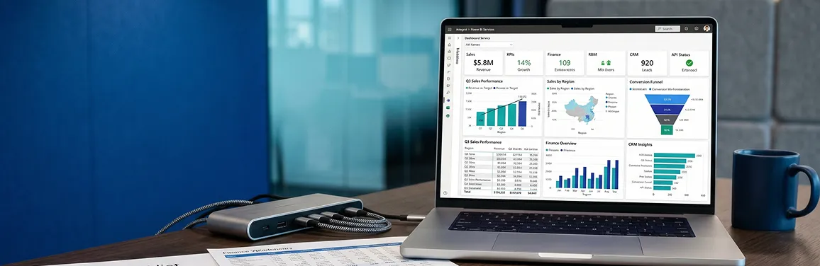 Power BI report canvas with connected source system logos streaming into one dashboard Power BI report canvas with connected source system logos streaming into one dashboard