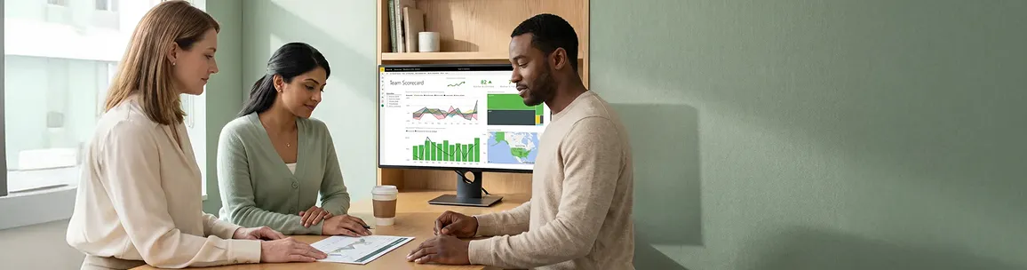 Finance team gathered around a single monitor showing one unified Power BI dashboard Finance team gathered around a single monitor showing one unified Power BI dashboard