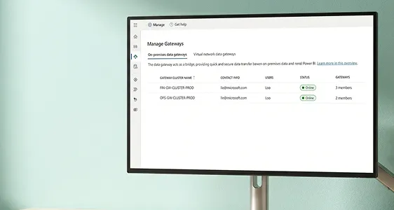 On-premises data gateway admin page with two clusters showing healthy status On-premises data gateway admin page with two clusters showing healthy status