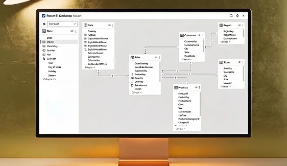 Power BI Desktop model view showing a conformed star schema across customer relationship management and enterprise resource planning facts Power BI Desktop model view showing a conformed star schema across customer relationship management and enterprise resource planning facts