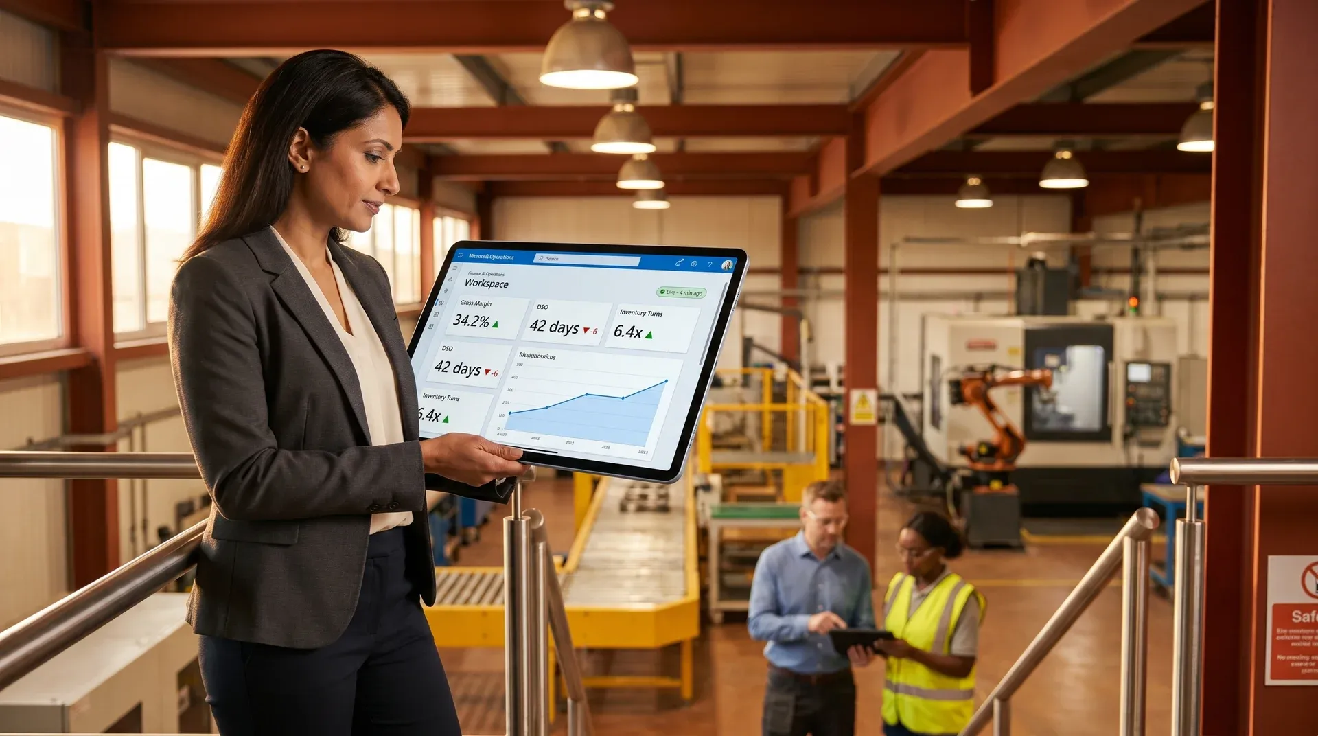 Manufacturing floor with finance leader reviewing a Power BI dashboard on a tablet, natural window light Manufacturing floor with finance leader reviewing a Power BI dashboard on a tablet, natural window light