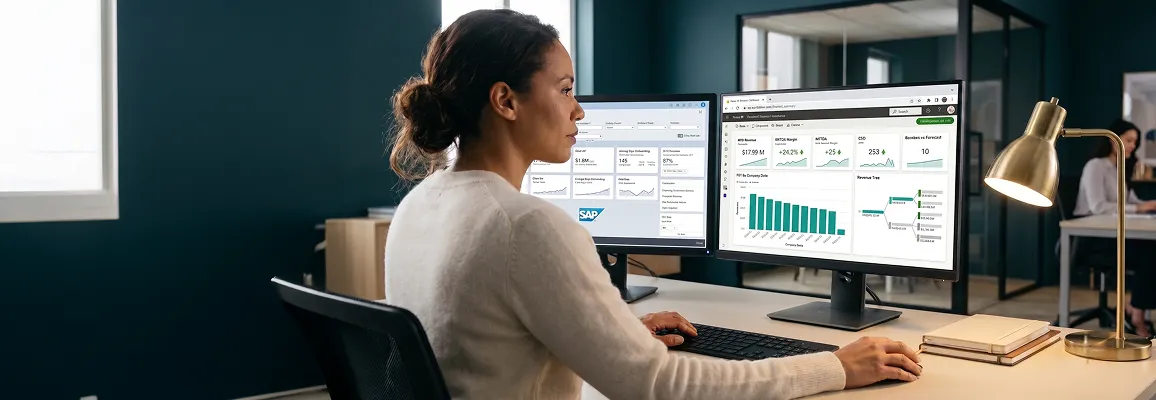 Finance controller reviewing a live Power BI report fed from SAP S/4HANA with Financial Accounting, Controlling, and Materials Management modules visible on a second monitor Finance controller reviewing a live Power BI report fed from SAP S/4HANA with Financial Accounting, Controlling, and Materials Management modules visible on a second monitor