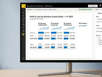 Power BI dashboard showing profit and loss by Business Central entity with drill-through to general ledger entry Power BI dashboard showing profit and loss by Business Central entity with drill-through to general ledger entry