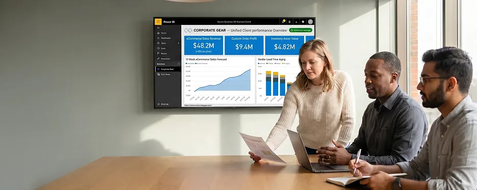 Corporate Gear operations team at conference table reviewing live Power BI dashboard sourced from Business Central Corporate Gear operations team at conference table reviewing live Power BI dashboard sourced from Business Central