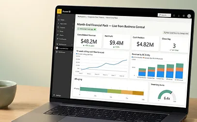 Resolved month-end on a laptop showing the live Power BI dashboard sourced from Business Central, replacing the old Excel workbook Resolved month-end on a laptop showing the live Power BI dashboard sourced from Business Central, replacing the old Excel workbook