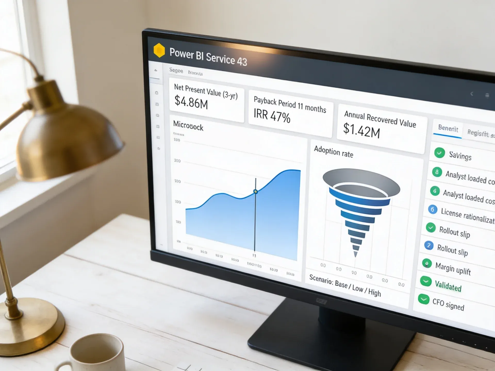 Sample Power BI business case workbook with payback curve and sensitivity table Sample Power BI business case workbook with payback curve and sensitivity table