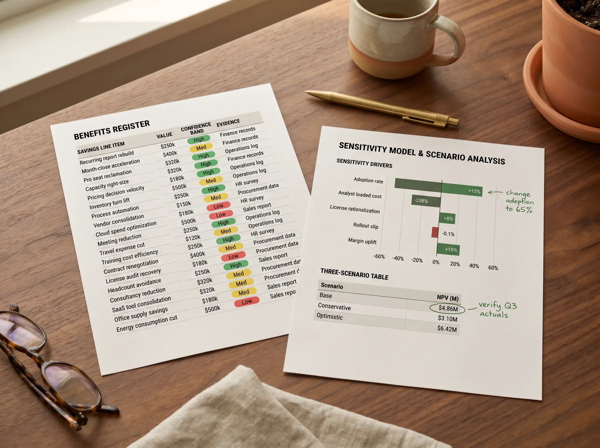 Side-by-side screenshots of sample benefits register and sensitivity model with CFO annotations Side-by-side screenshots of sample benefits register and sensitivity model with CFO annotations