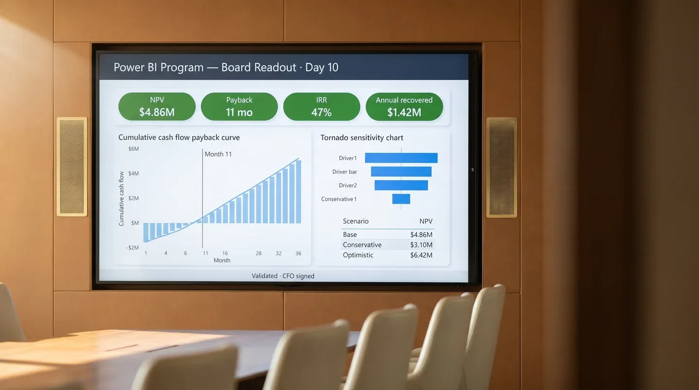 Sample steering committee readout slide with payback period and sensitivity chart on conference room display Sample steering committee readout slide with payback period and sensitivity chart on conference room display