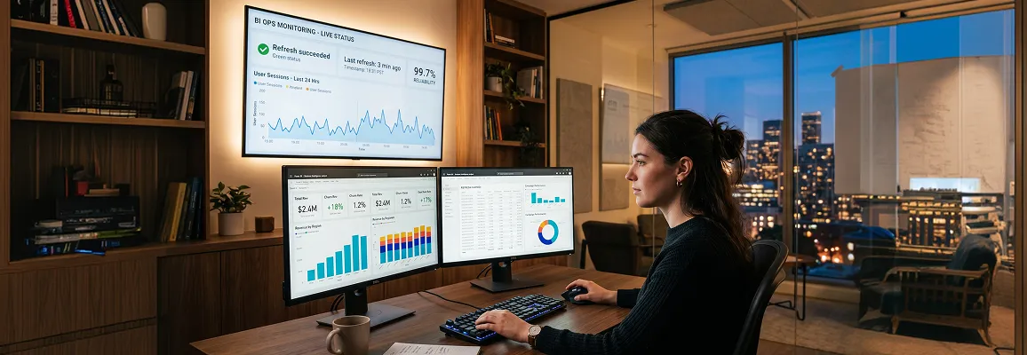 Power BI operations command wall at night with analyst monitoring refresh status screens
