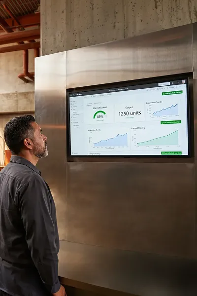 Industrial manufacturing plant control room with operations leader reviewing screens from behind