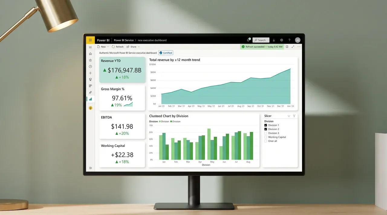 Power BI executive report with green refresh badge and all tiles populated with current data